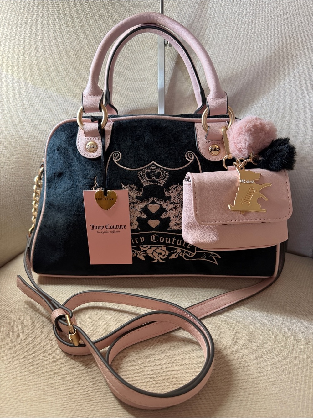 Juicy Couture Pink and Black Velvet Satchel with Detachable Pouch